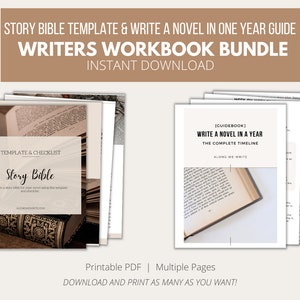 May include: A digital download bundle of two printable PDF workbooks for writers. The first workbook is titled "Story Bible Template & Checklist" and features a vintage book cover with a brown and gold design. The second workbook is titled "Write a Novel in a Year: The Complete Timeline" and features a vintage book cover with a white background and a brown book.
