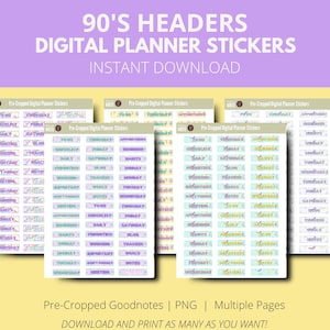 Puede incluir: Cinco hojas de pegatinas digitales para planificadores con encabezados coloridos de temática de los 90. Las pegatinas están precortadas y listas para descargar e imprimir.  "Pre-Cropped Digital Planner Stickers" está escrito en cada hoja.