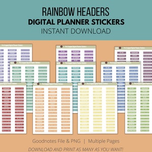 May include: A set of digital planner stickers with rainbow colored headers. The stickers are in a grid format and include various headers such as "To Do", "Notes", and "Goals".