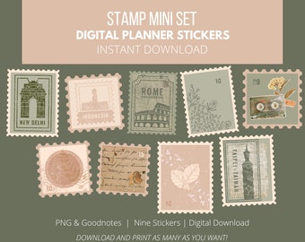 Vintage Stamp Digital Stickers Mini Kit, Goodnotes Planner (PNG)
