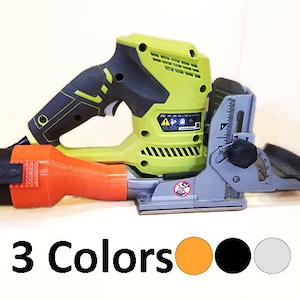 May include: A green and black electric trim router with a dust collection port and a gray adjustable base. The base has a ruler and a knob for adjusting the depth of cut. The router is on a wooden surface. 3 Colors: Orange, Black, Gray.