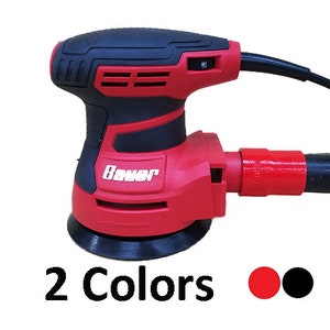 May include: A red and black electric sander with a Bauer logo. The sander has a black handle and a red base. The sander is connected to a black power cord.