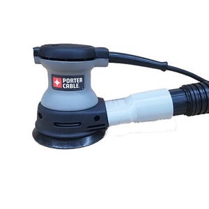 May include: A gray and black Porter Cable random orbit sander with a dust collection hose. The sander has a black handle and a white dust collection hose.