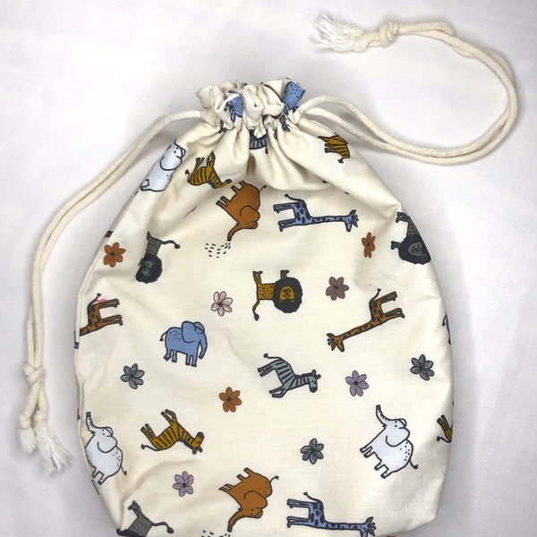 Pochon coton pour bébé | Pochon motif animaux de la savane | Pochette avec cordons | Sac à vrac - 30 x 20 cm