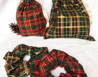 Christmas bag and matching scrunchie - Reusable gift packaging - Christmas gift bag 17 x 21 cm, 13 x 15 cm or 9 x 11 cm