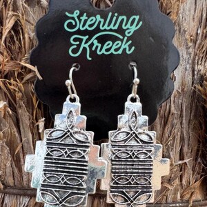 Cross Earrings, Silver Dangle with Aztec Inspired Design