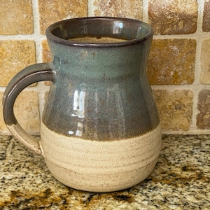 Extra Large Pottery Mug; stoneware; tan and green; handmade, coffee cup; rustic