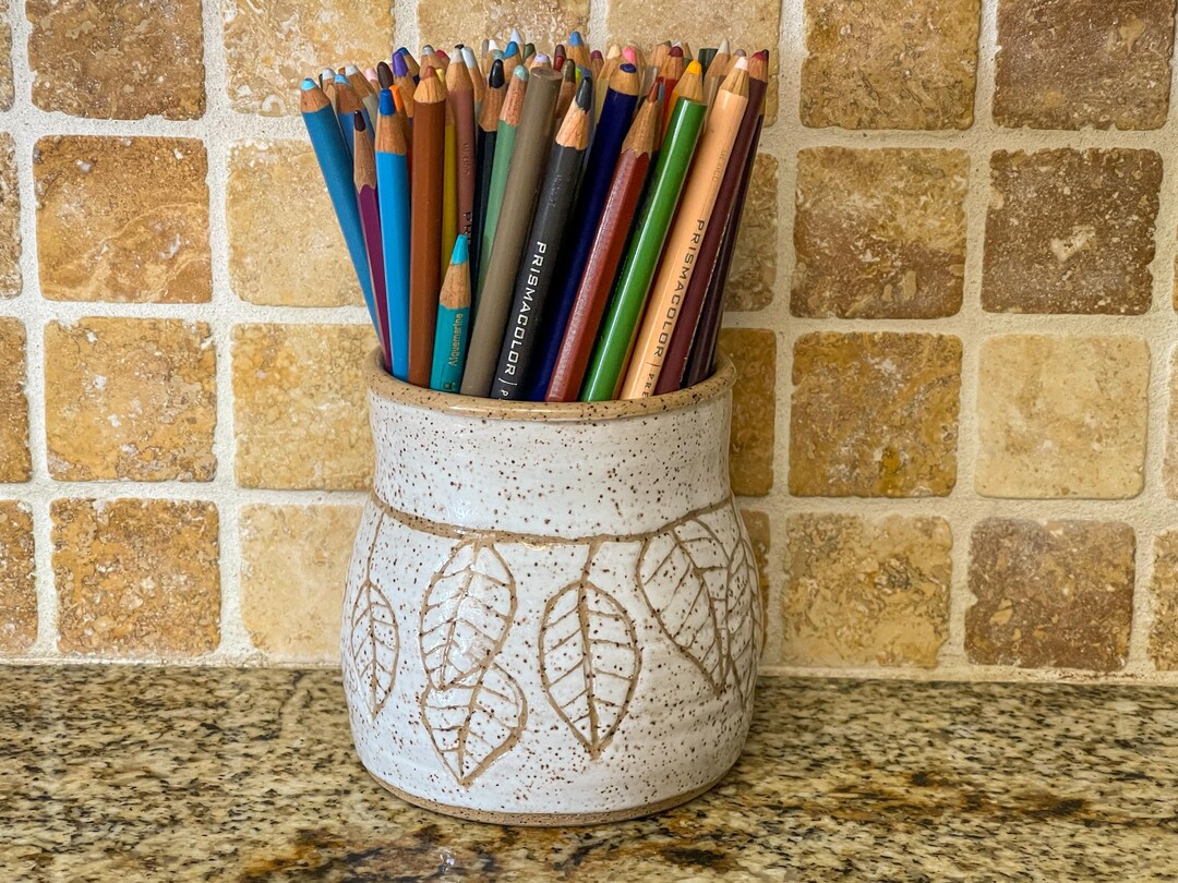 Pottery Pencil Holder, White With Hand-carved Leaves; Office Decor ...