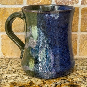 Pottery Mug; Stoneware; green and blue; handmade, coffee mug