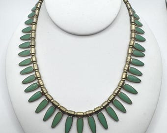 Vintage Reversible Turquoise Glass Statement Necklace Brass Feather Necklace Mid Century Boho Festival Bib Necklace