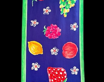 Vintage-Seidenschal mit Fruchtmotiv, hellblauer Hintergrund und grüner Bordüre