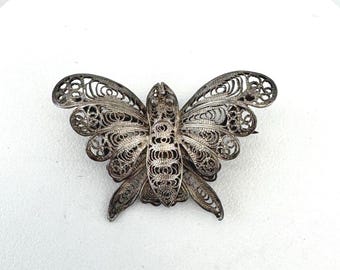 Ancienne Broche Papillon Filigrane Vermeil Argent Plaqué Or - Poinçon Minerve 925
