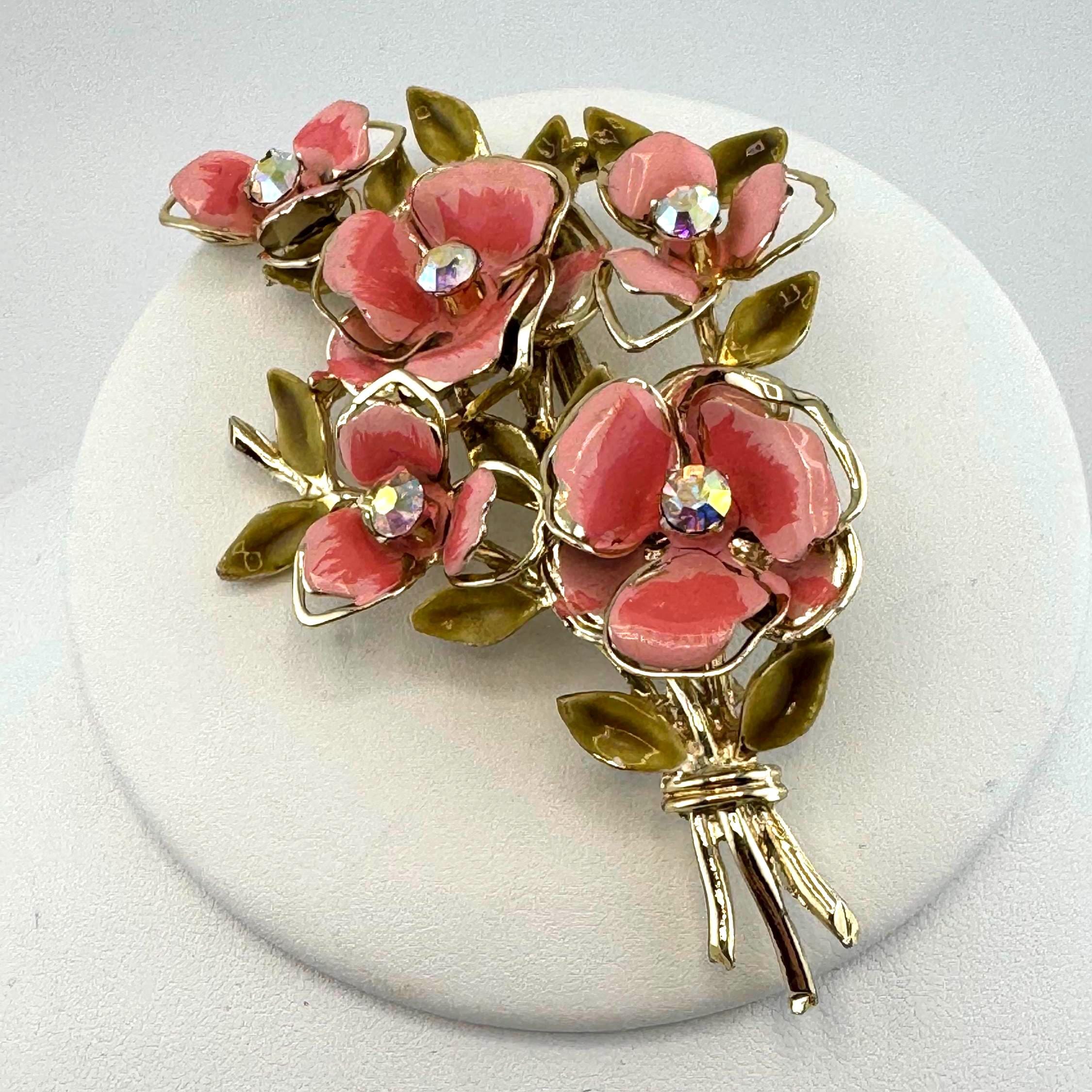 Pink Enamel Flower Bouquet Brooch