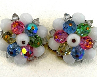 1950s Pastel Crystal Floral Cluster Clip-On Earrings – European Mid Century Style