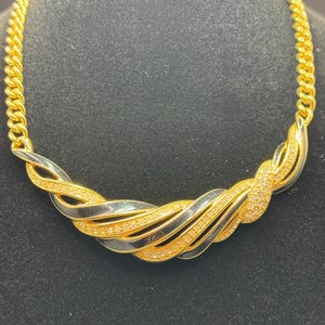 Swarovski Black Enamel & Crystal Swirl Necklace – Gold Tone, Vintage Glam