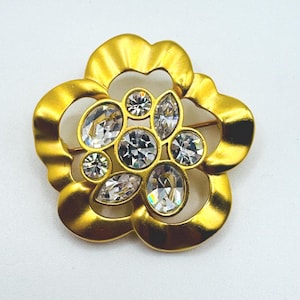 Vintage Swarovski Gold-Tone Floral Brooch: Clear Crystal Blossom Statement Pin, Signed Openwork Design