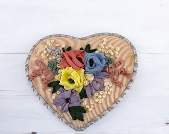 Vintage Ribbon Embroidered Heart Brooch, Romantic Fabric Heart Pin with Hand Stitched Detail