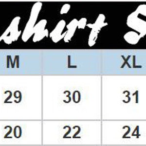 May include: Unisex T-shirt size chart showing body length and width measurements in inches for sizes S through 4XL.