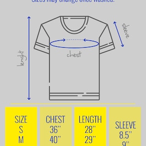 Peut inclure: Un tableau des tailles pour un t-shirt avec des mesures en pouces pour la poitrine, la longueur et la manche. Le tableau montre les tailles S, M, L, XL et XXL.