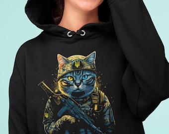 Ukrainian Cat Soldier Sweatshirt - Patriotic Freedom Hoodie, Unisex Ukraine Gift Hoddied Sweater