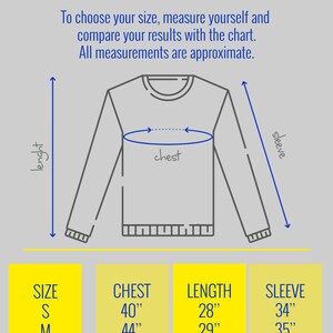 May include: Image shows a sweatshirt size chart with measurements in inches. The chart includes chest, length, and sleeve dimensions for sizes S to XXXL. The text "BlueYellowPrint UKRAINIAN PRIDE" is at the top, with the word "Sweatshirt" below.