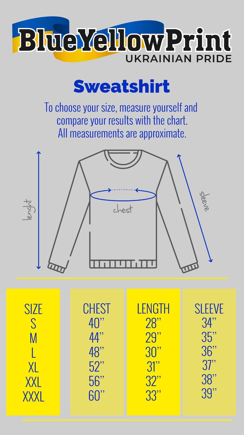 May include: Image shows a sweatshirt size chart with measurements in inches. The chart includes chest, length, and sleeve dimensions for sizes S to XXXL. The text "BlueYellowPrint UKRAINIAN PRIDE" is at the top, with the word "Sweatshirt" below.