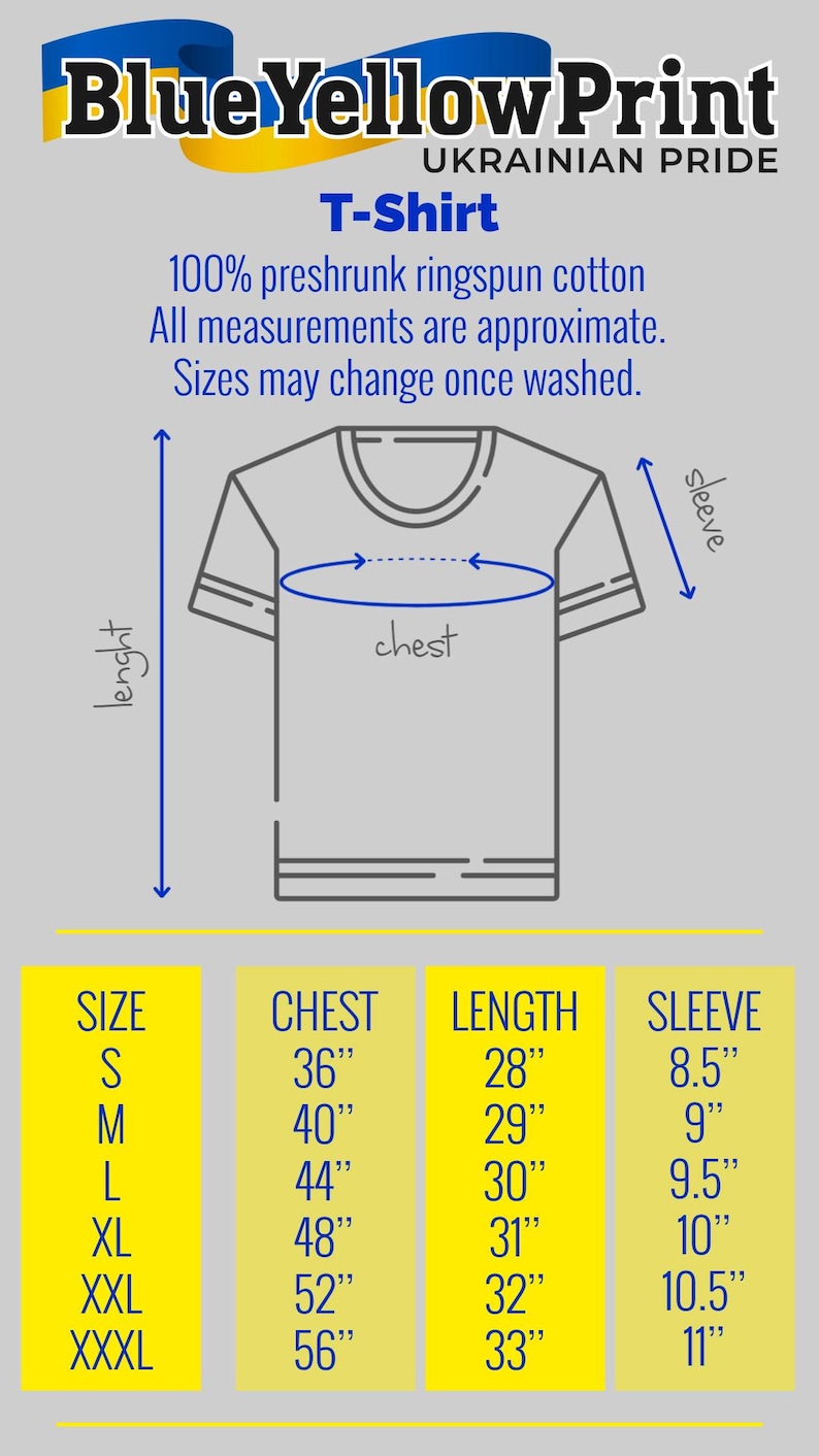 以下が含まれることがあります： インチ単位の寸法が記載されたTシャツの図。テキストは「Blue Yellow Print」と「UKRAINIAN PRIDE」です。シャツの胸囲は91cmから142cm、着丈は71cmから84cm、袖丈は22cmから28cmです。