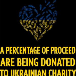 May include: A black background with a yellow and blue heart made of feathers. The text "A percentage of proceed are being donated to Ukrainian charity" is written in yellow letters.