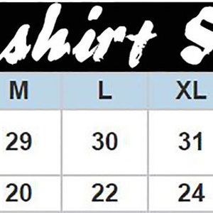 May include: Unisex T-shirt size chart showing body length and width measurements in inches for sizes S through 4XL.