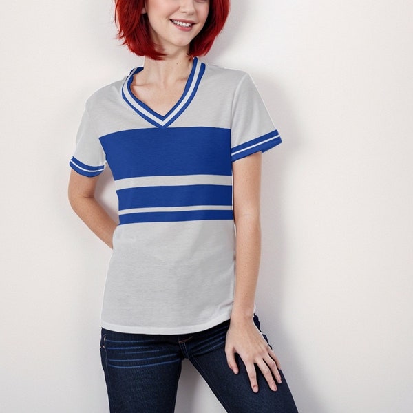 White with Blue Stripes V-neck Women's T-shirt