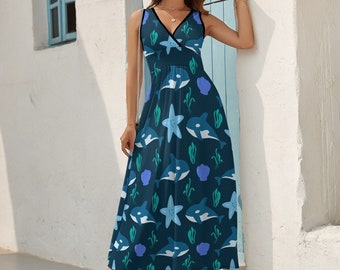 Orca Print Dress Ladies Sleeveless Surplice Maxi Dress