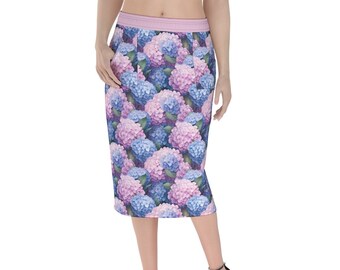 Hydrangea Skirt Hydrangea Print Women's Midi Skirt with Pockets Floral Midi Pencil Skirt