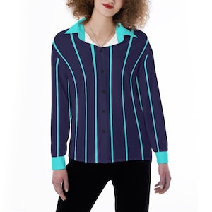 Navy and Cyan Blue Pinstriped Women&#39;s Satin Shirt