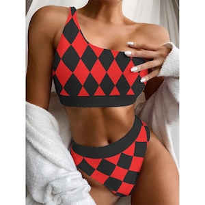 Red and Black Diamond Bikini Clowncore One Shoulder Bikini