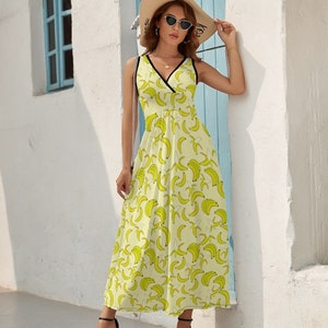 Banana Print Dress Ladies Sleeveless Surplice Maxi Dress