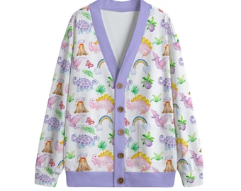 Lila Dinosaurier und Regenbogen All-Over Print Unisex V-Ausschnitt Fleece-Strickjacke mit Knopfverschluss