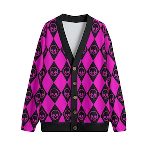 Pink Skull Cardigan Unisex V-Ausschnitt Strickjacke aus Fleece mit Knopfverschluss Pink und Schwarz Pullover