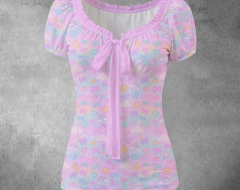 Pink Kawaii Women's Puff Sleeve Shirt with Bow