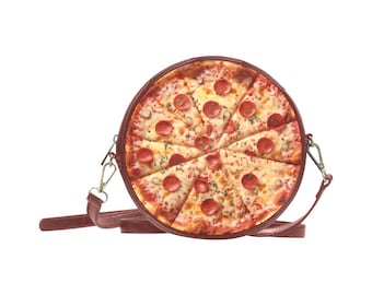 May include: A round red purse with a pepperoni pizza design. The purse has a long adjustable strap.