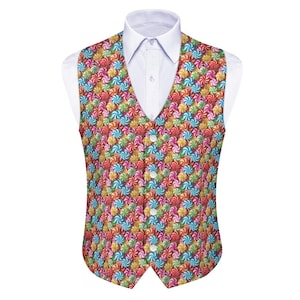 May include: A colourful waistcoat with a pattern of candy canes. The waistcoat has a V-neck and is made of a smooth fabric.