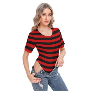 Red and Black Striped Leotard Workout Body Suit Red and Black Women&#39;s Short Sleeve Bodysuit