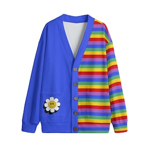 Rainbow and Flower Cardigan Unisex V-neck Knitted Fleece Cardigan With Button Closure