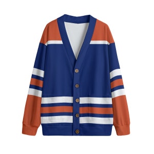 Blau und Orange Strickjacke Unisex V-Ausschnitt Strickjacke aus Fleece mit Knopfverschluss Blau und Orange Hockey Pullover