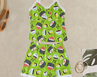 Pijama de mujer con estampado de sushi y borde de encaje