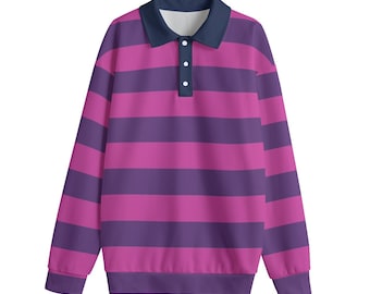 Camisa de rugby unisex de manga larga con cuello de solapa y rayas rosas y moradas