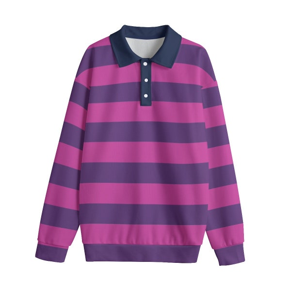 Pink and Purple Striped Rugby Style Unisex Lapel Collar Sweater