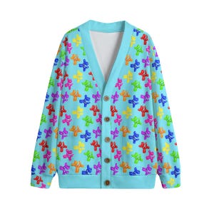 Balloon Animal Cardigan Balloon Dog Cardigan Unisex V-neck Knitted Fleece Cardigan With Button Closure