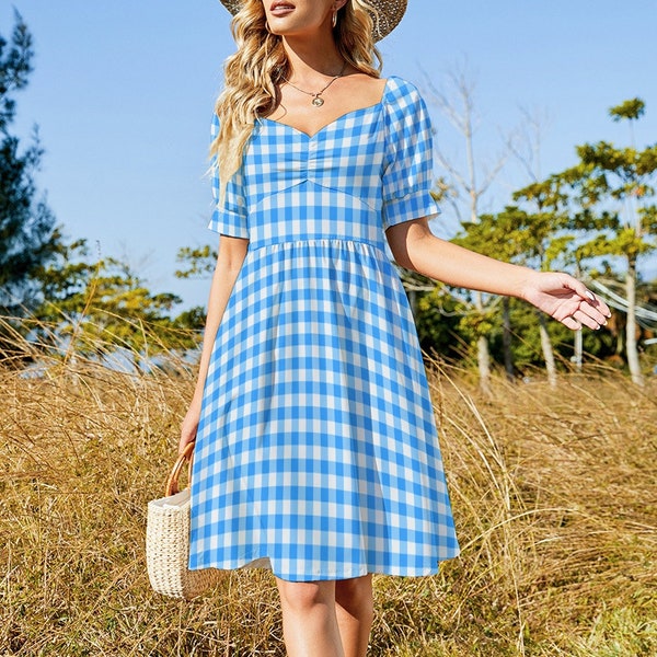 Blue Plaid Puff Sleeve Dress