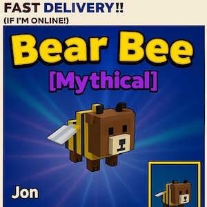 Puede incluir: Gráfico digital de un Bear Bee, criatura mítica con cabeza de oso y cuerpo de abeja. La imagen incluye el texto "Bear Bee" y "Jon". El fondo es azul.