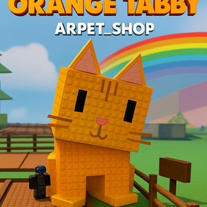 May include: A vibrant orange tabby cat illustration with the text "TITANIC ORANGE TABBY" and "ARPET_SHOP" against a blue sky with a rainbow. The cat is made of square blocks.
